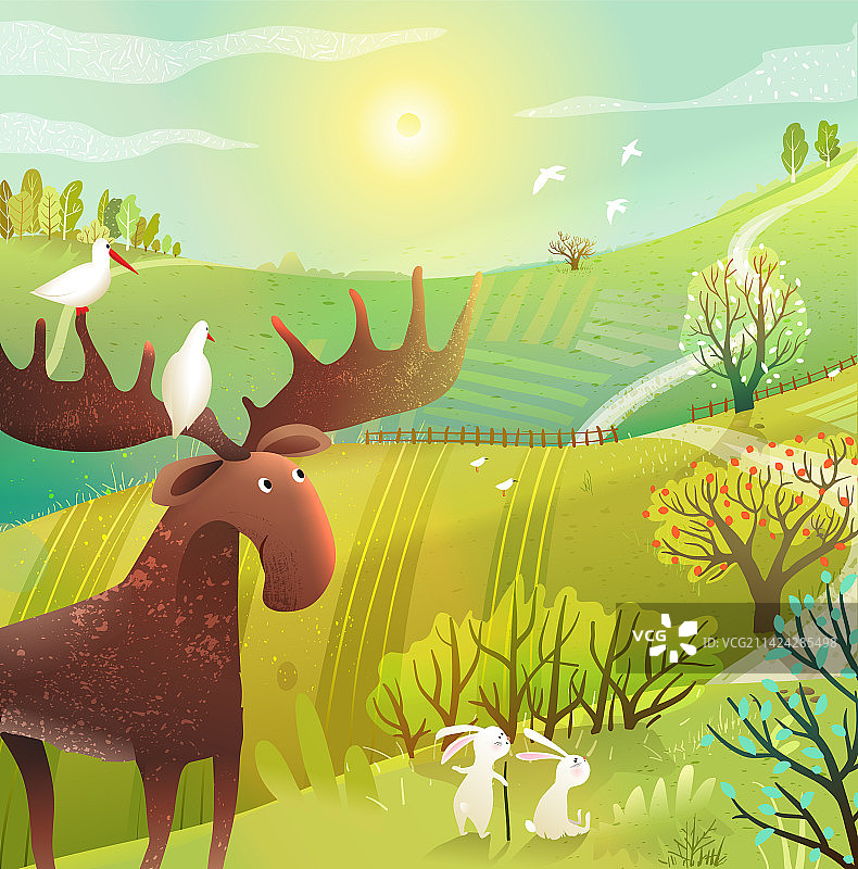 野生自然风光中的驼鹿和兔子儿童插画图片素材