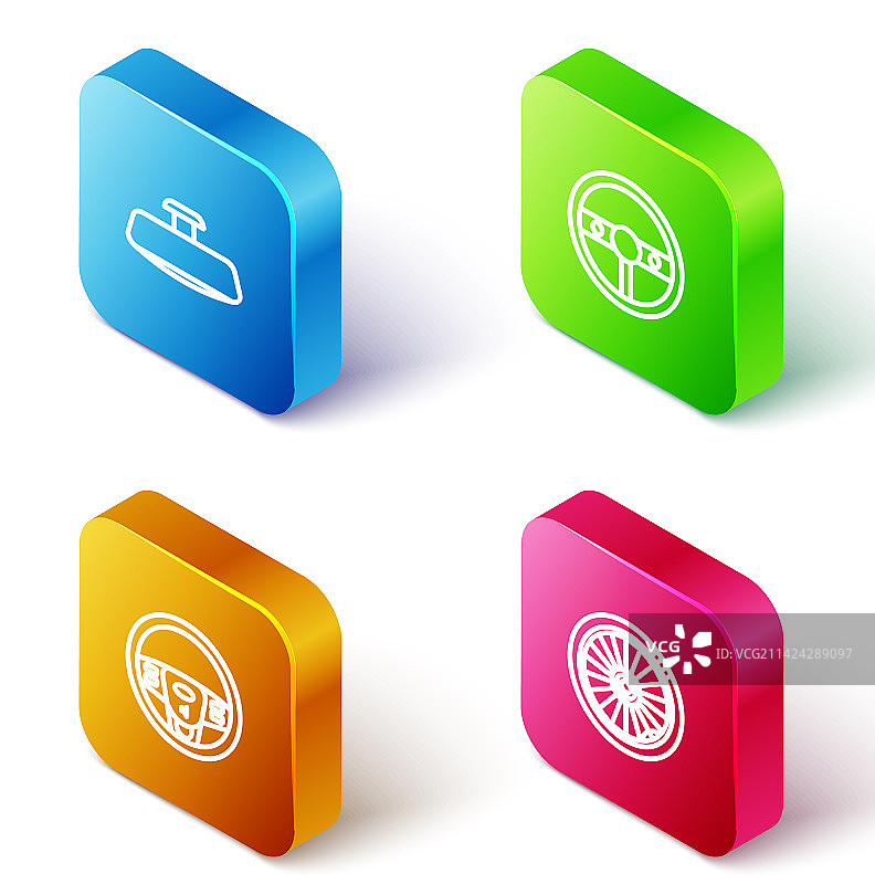 2.5D等距线条：汽车后视镜和方向盘图片素材