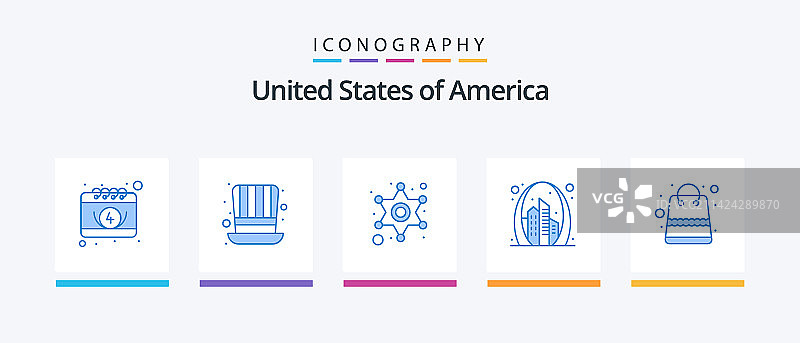美国蓝色5图标包，包括包袋地标男人图片素材