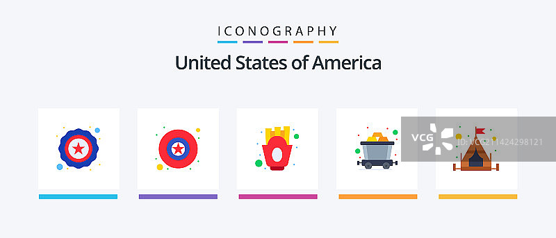 美国扁平风格图标包，包含帐篷和薯条图片素材