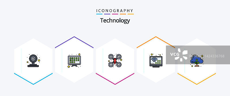 包含25个填充线性图标的技术图片素材