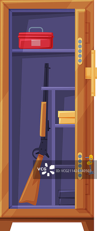 打开的金属保险箱或带步枪和黄金的保险柜图片素材