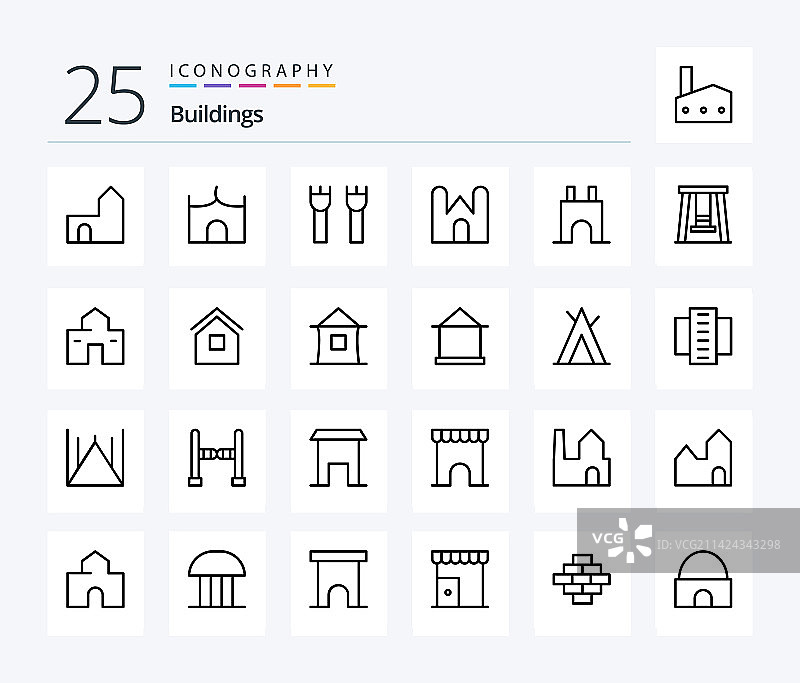 包含建筑的25个线条建筑图标包图片素材