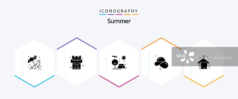 夏日轮廓图标包，包含沙滩巾等元素图片素材