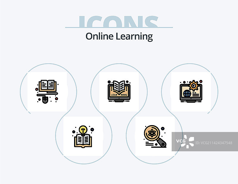 在线学习线性填充图标包5个图标图片素材