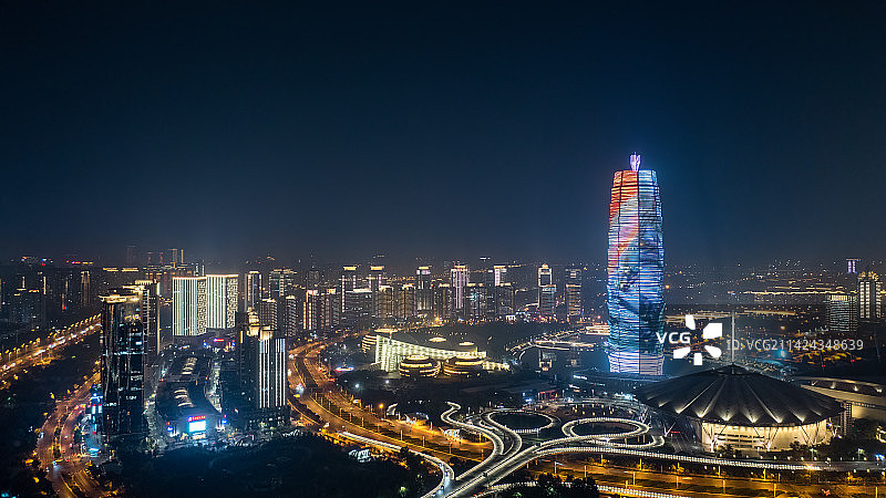 亚洲中国郑州CBD商务中心大玉米夜景图片素材