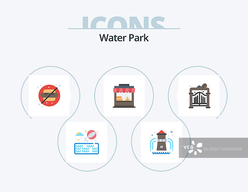 水上乐园扁平图标套装，含5个花园设计图标图片素材