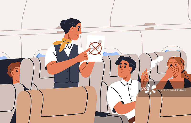 空姐劝阻乘客在飞机上吸烟图片素材