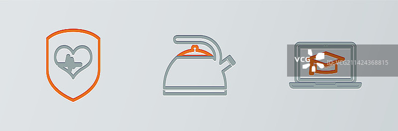 笔记本电脑上的毕业帽和盾牌线条组合图片素材