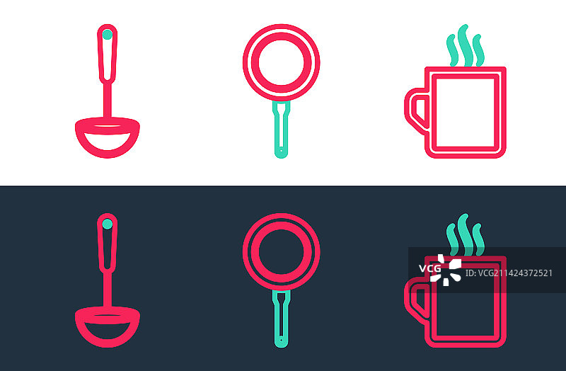 咖啡杯厨房勺子和平底锅线条设计图片素材