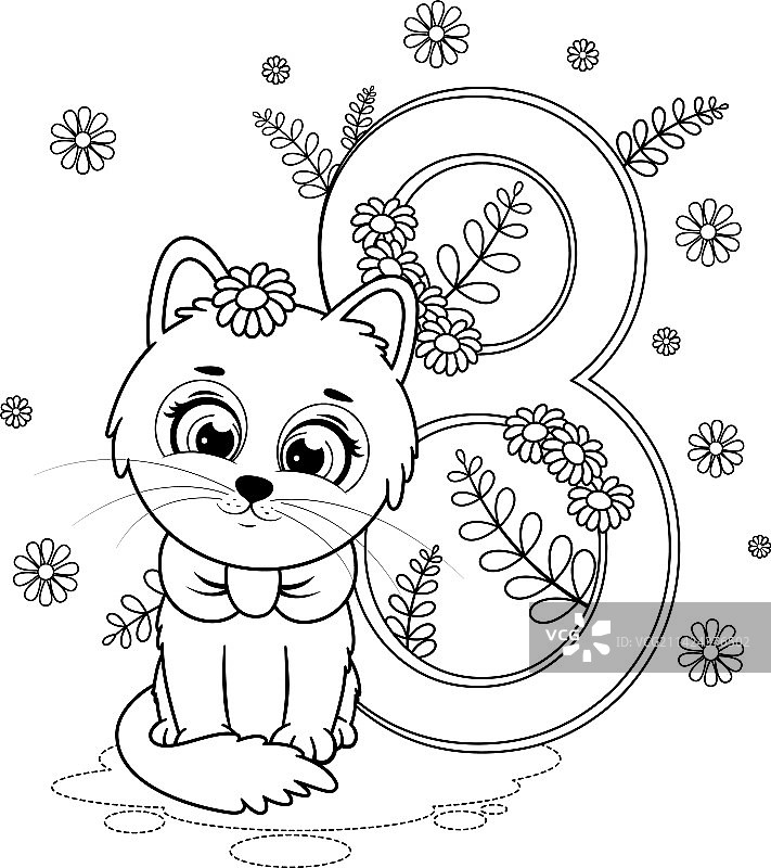 卡通小猫数字8涂色页图片素材