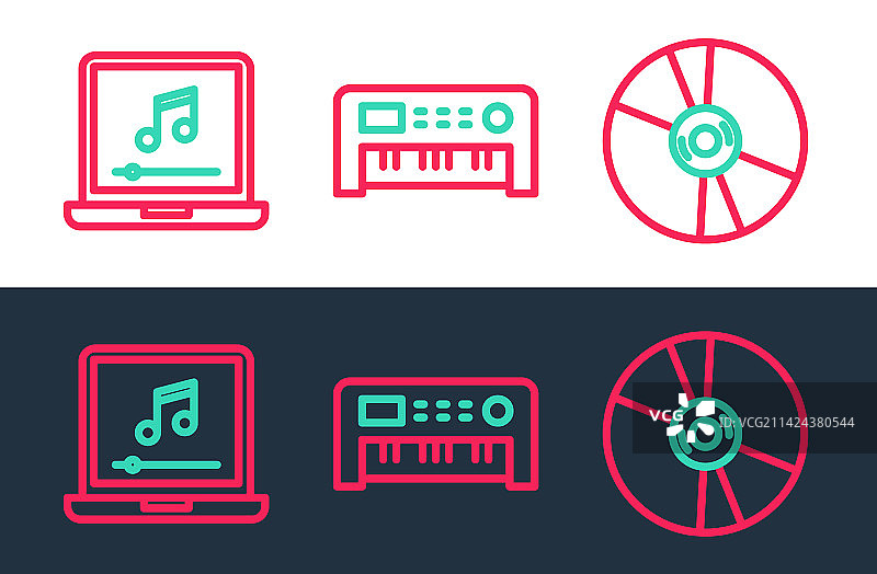 CD或DVD光盘带音符的笔记本电脑线条组合图片素材