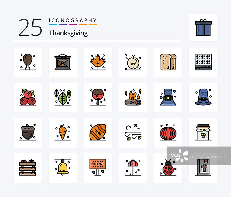 包含25个线条填充图标的感恩节图标包图片素材