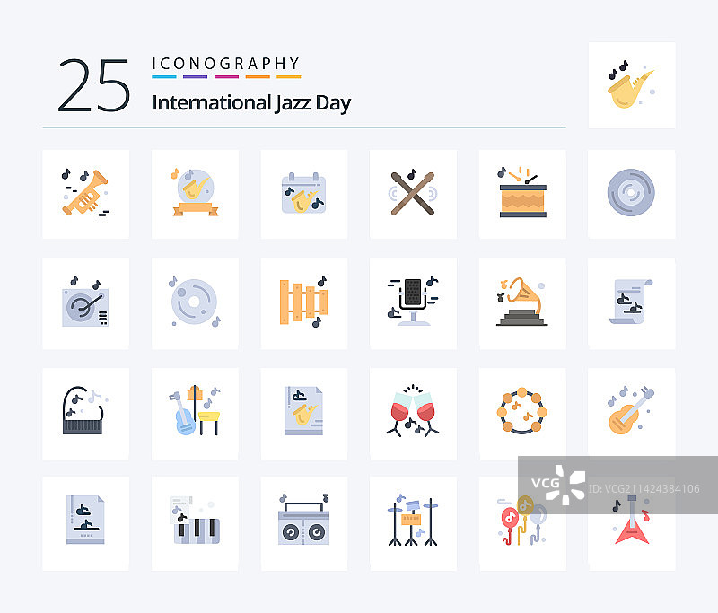 国际爵士乐日25个扁平风格彩色图标图片素材