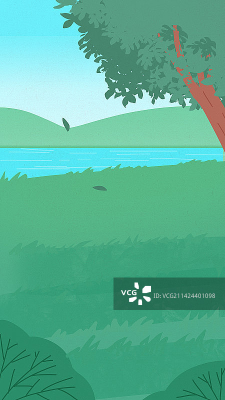 春天山间河流边的草坪和树木图片素材