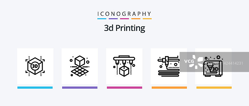 包含打印机的5个3D打印线性图标包图片素材