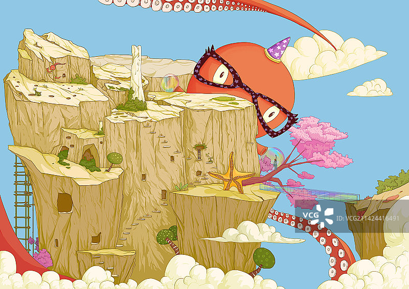 星球探索者发现废弃的章鱼星球，并和章鱼魔法师相识图片素材