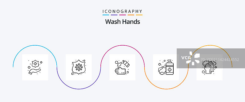 包含手的洗手线条图标（5个）图片素材