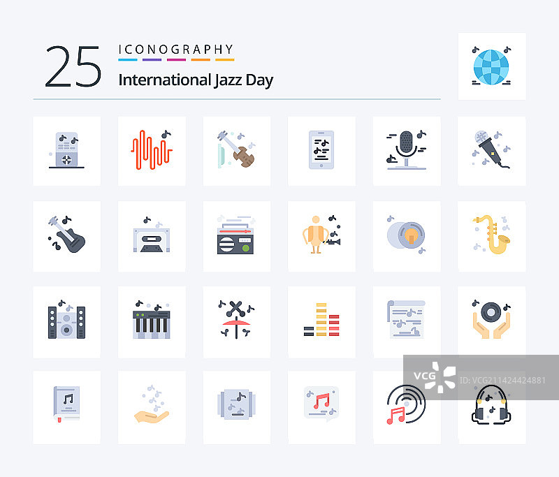 国际爵士乐日25个扁平风格彩色图标图片素材