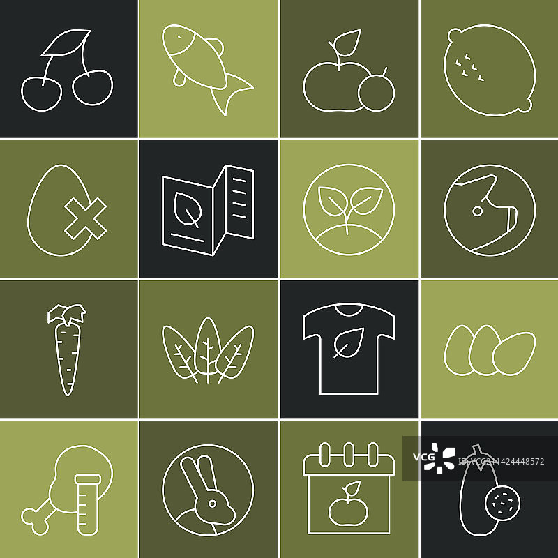 茄子、鸡、鸡蛋、猪和苹果线条组合图片素材