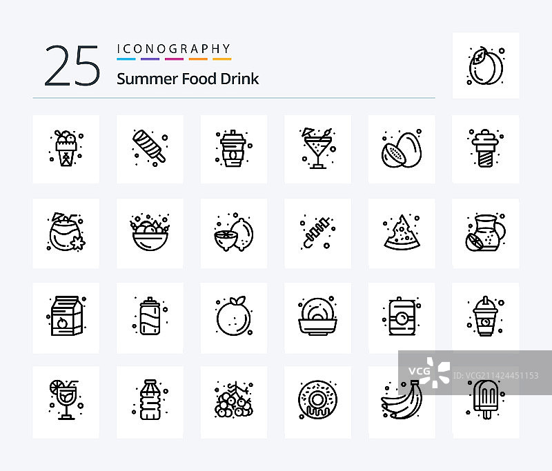 夏日食品饮料25线条图标包，包含各种元素图片素材