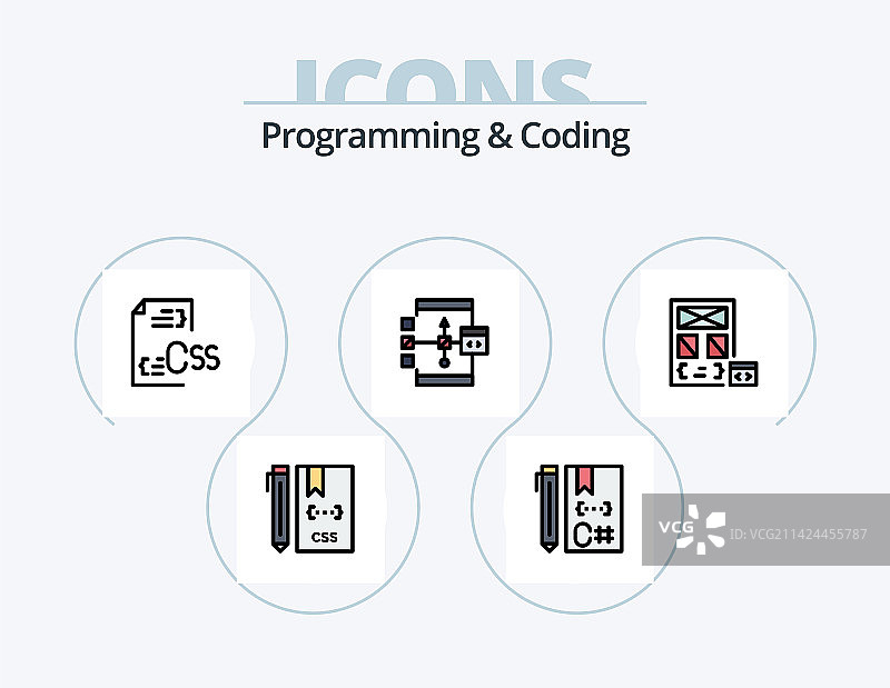 5个编程和编码线性填充图标包图片素材