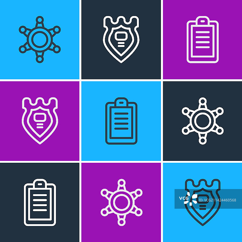 六角星警长警察报告和徽章图标组合图片素材