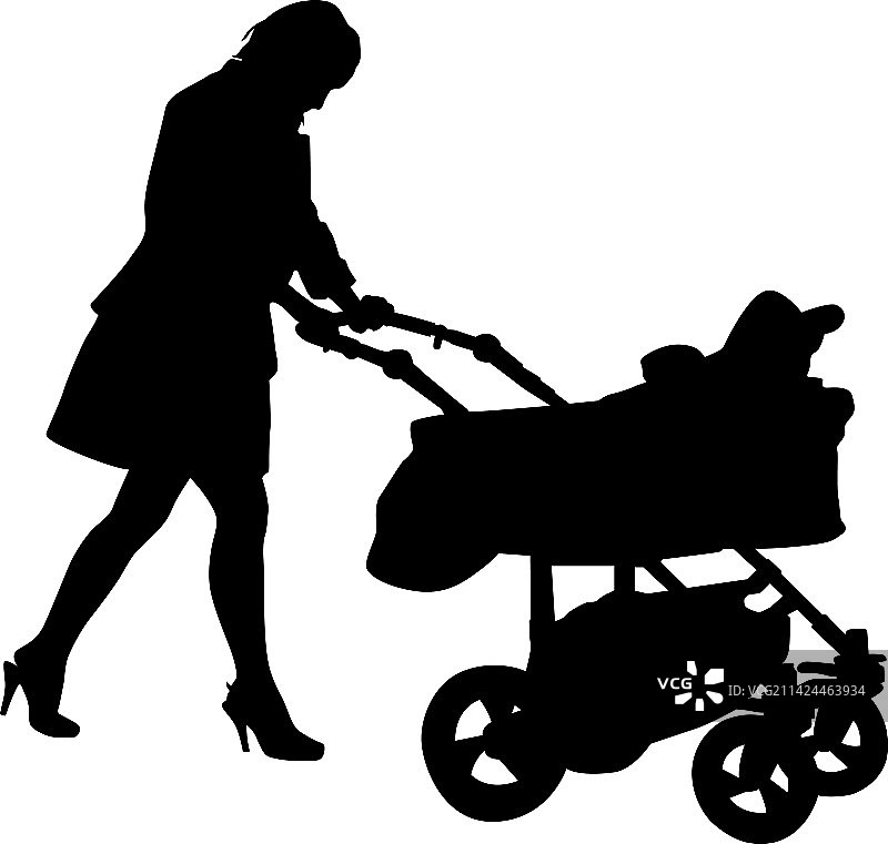 推着婴儿车的母亲们剪影图片素材