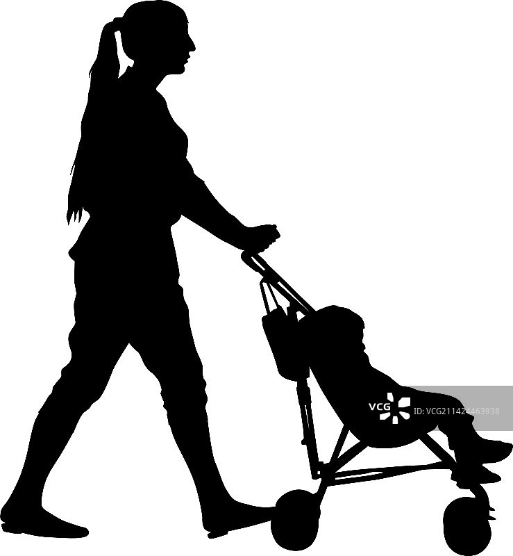 推着婴儿车的母亲们剪影图片素材