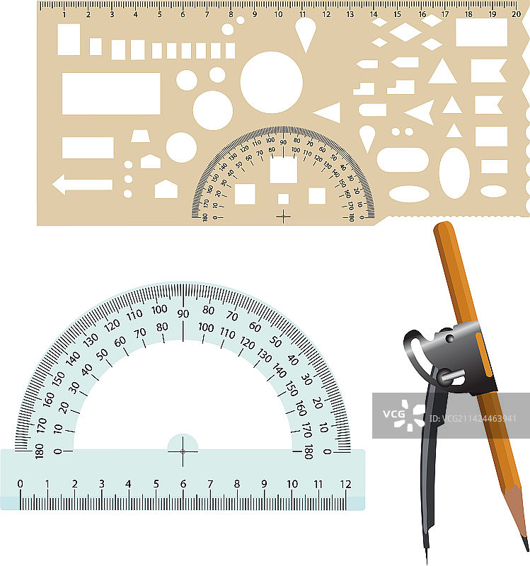 尺子、圆规和量角器绘图工具图片素材