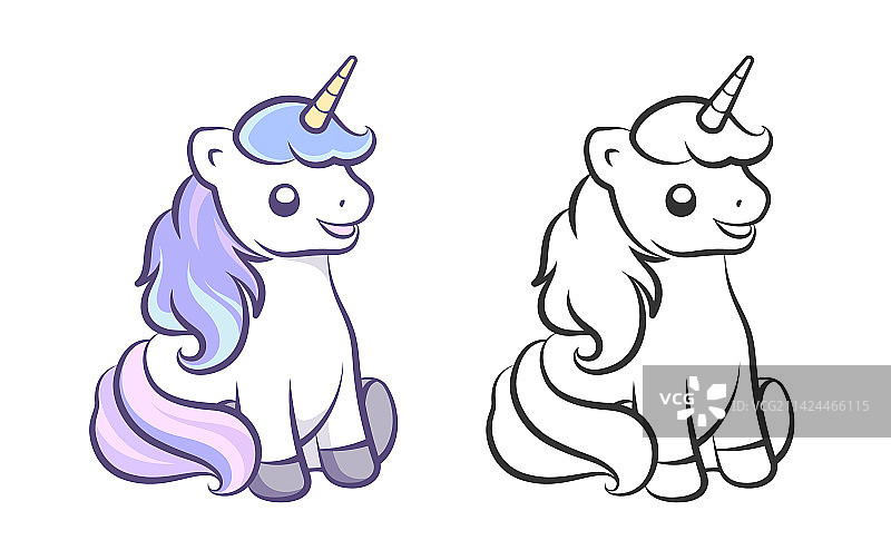 可爱的快乐独角兽坐姿轮廓简图图片素材