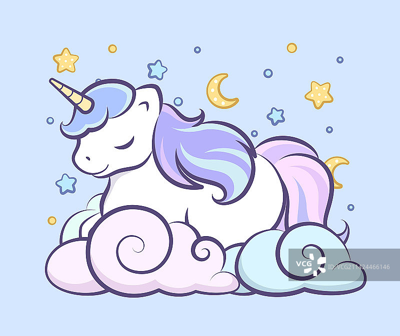 在夜空中云朵上睡觉的可爱独角兽图片素材