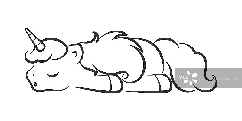 可爱睡姿的独角兽轮廓简易填色书图片素材