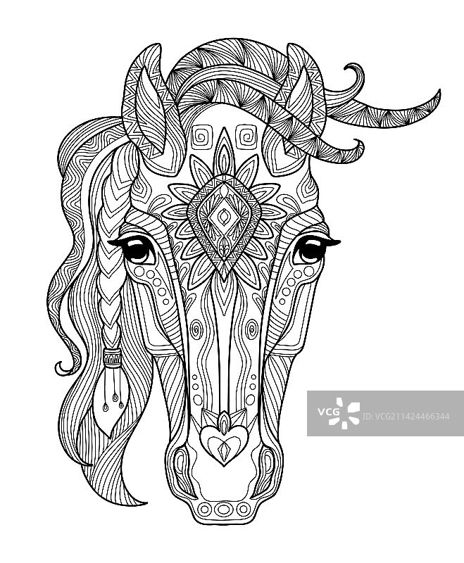 骏马头部成人抗压填色页图片素材