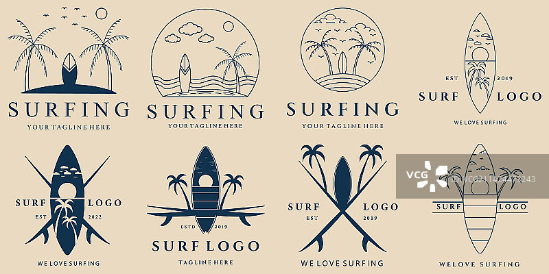 复古冲浪线性艺术标志图标和符号套装图片素材