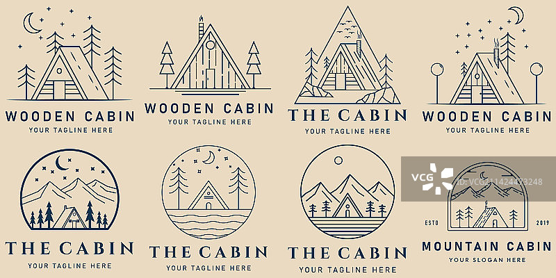 山脉和木屋线条艺术Logo图标图片素材