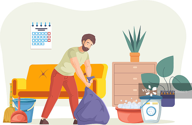 年轻男人做家务并拎着垃圾袋图片素材