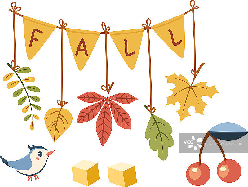 带有派对旗帜和彩色树叶的秋季花环图片素材