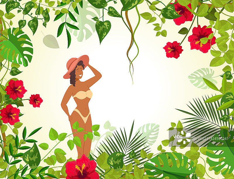 热带背景中的美丽女人图片素材
