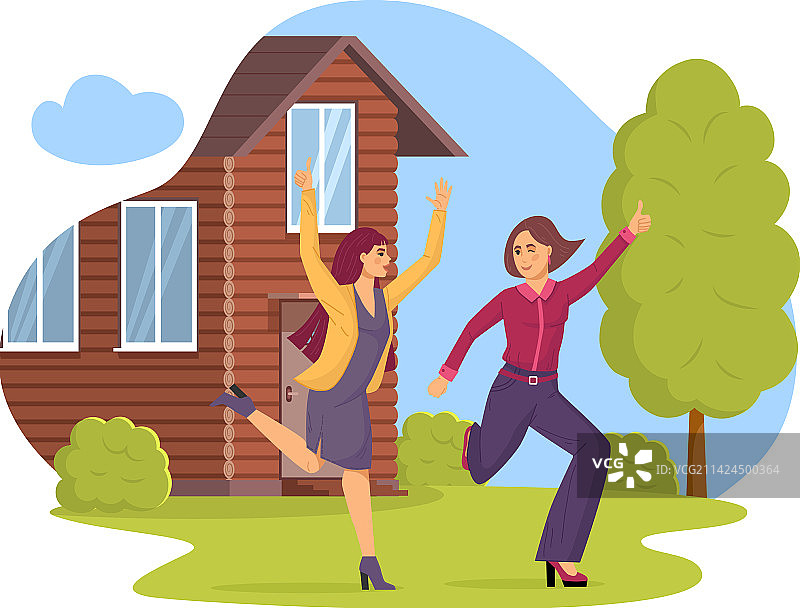 在前面快乐跳跃的两个兴奋的女人图片素材