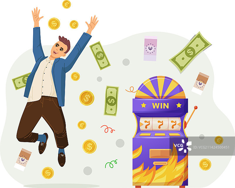 幸运男人在老虎机上跳跃庆祝胜利图片素材