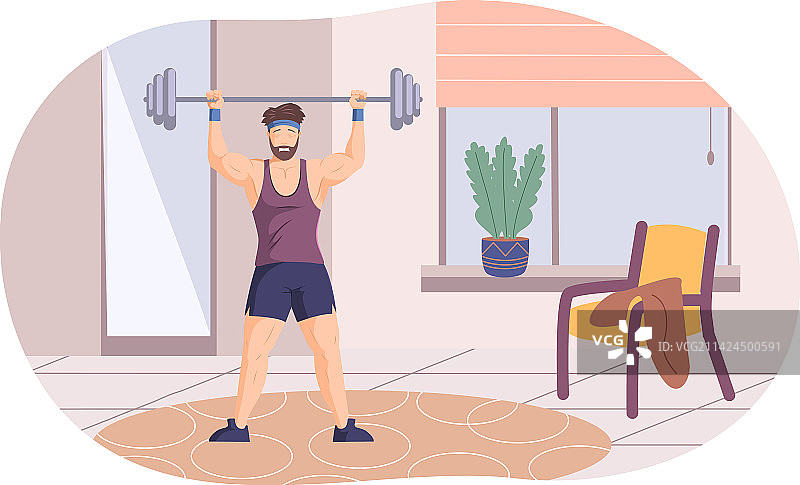 运动型年轻男人在家用杠铃锻炼图片素材