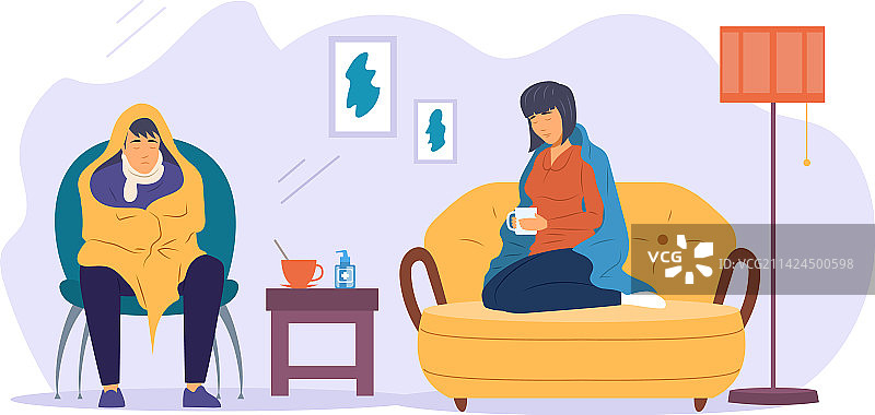 生病的男人和女人裹着毯子喝热茶图片素材