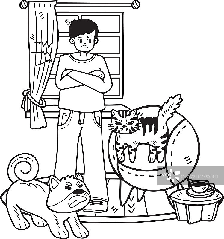 手绘主人对调皮的猫狗生气图片素材