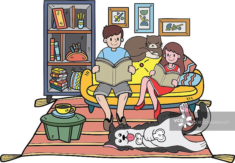 手绘主人读书，小狗陪伴图片素材