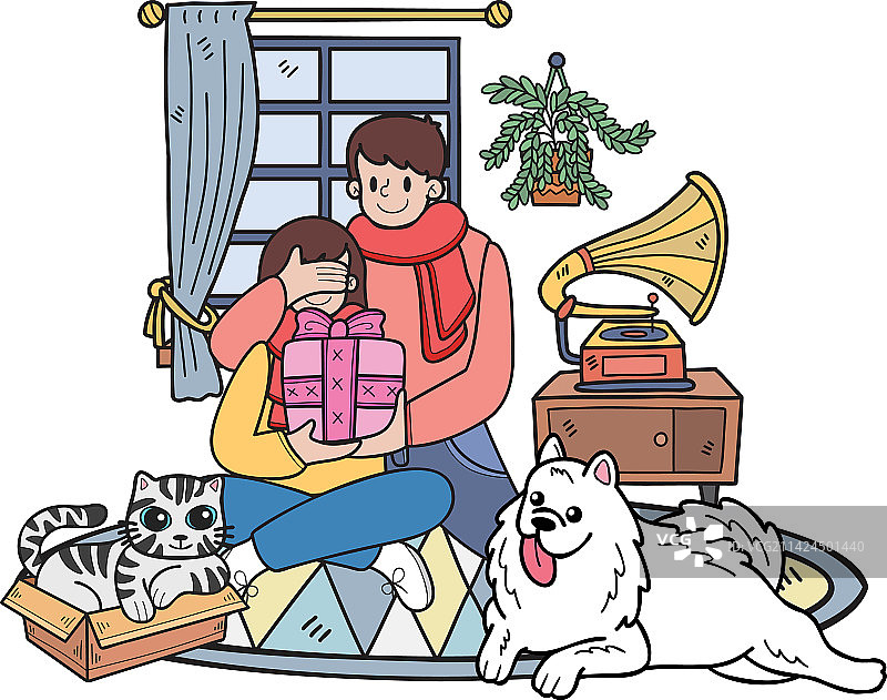 手绘男人给带狗的女人送礼物图片素材