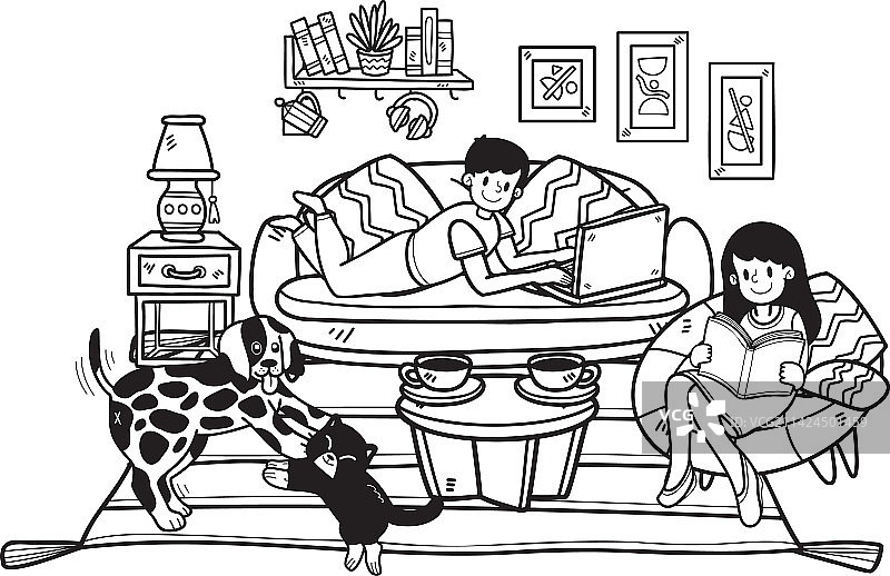 手绘主人与猫狗同眠图片素材