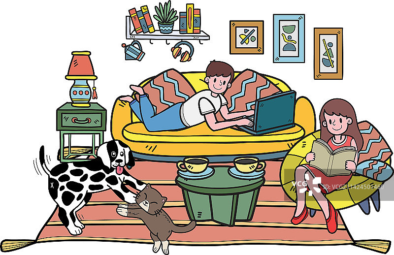 手绘主人与猫狗同眠图片素材