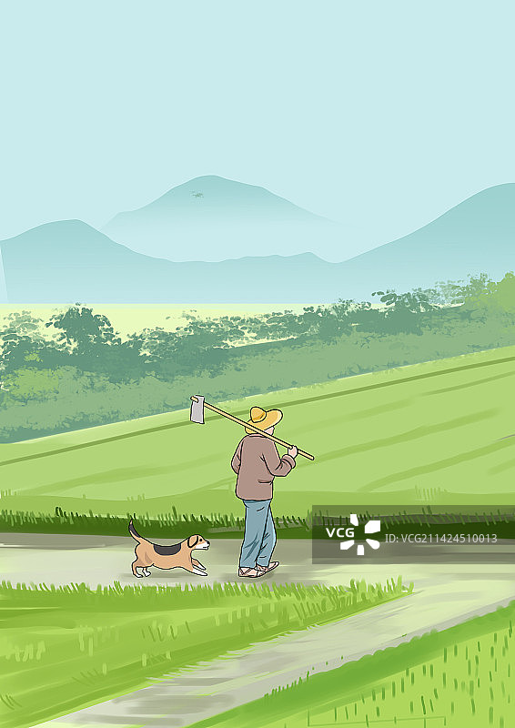 春天春节节气农村乡村农田乡下农民种地山村田园风光插画图片素材