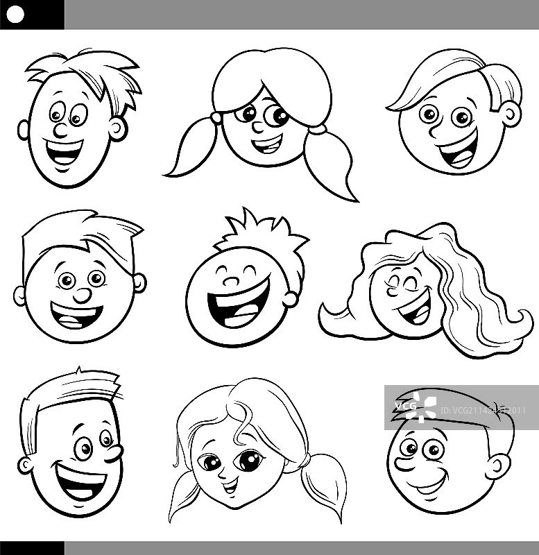 卡通儿童或青少年面部着色页图片素材